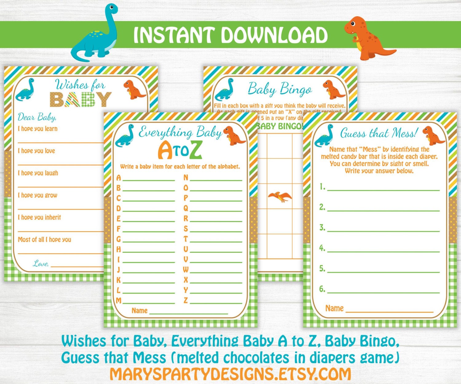 Dinosaur Baby Shower Games Pack Wishes for Baby Baby Bingo
