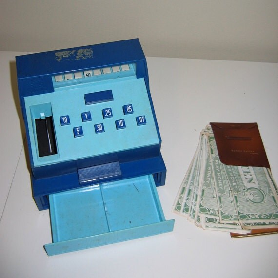 Vintage Geobra Toy Cash Register with HUNKY DORY Play Money