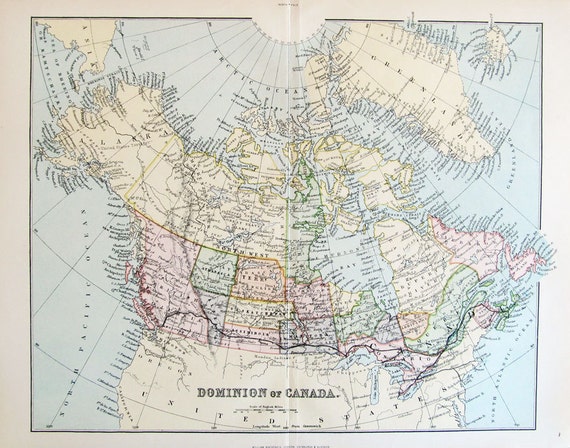 Items similar to Dominion of CANADA, c.1890, Beautiful and Detailed Map ...