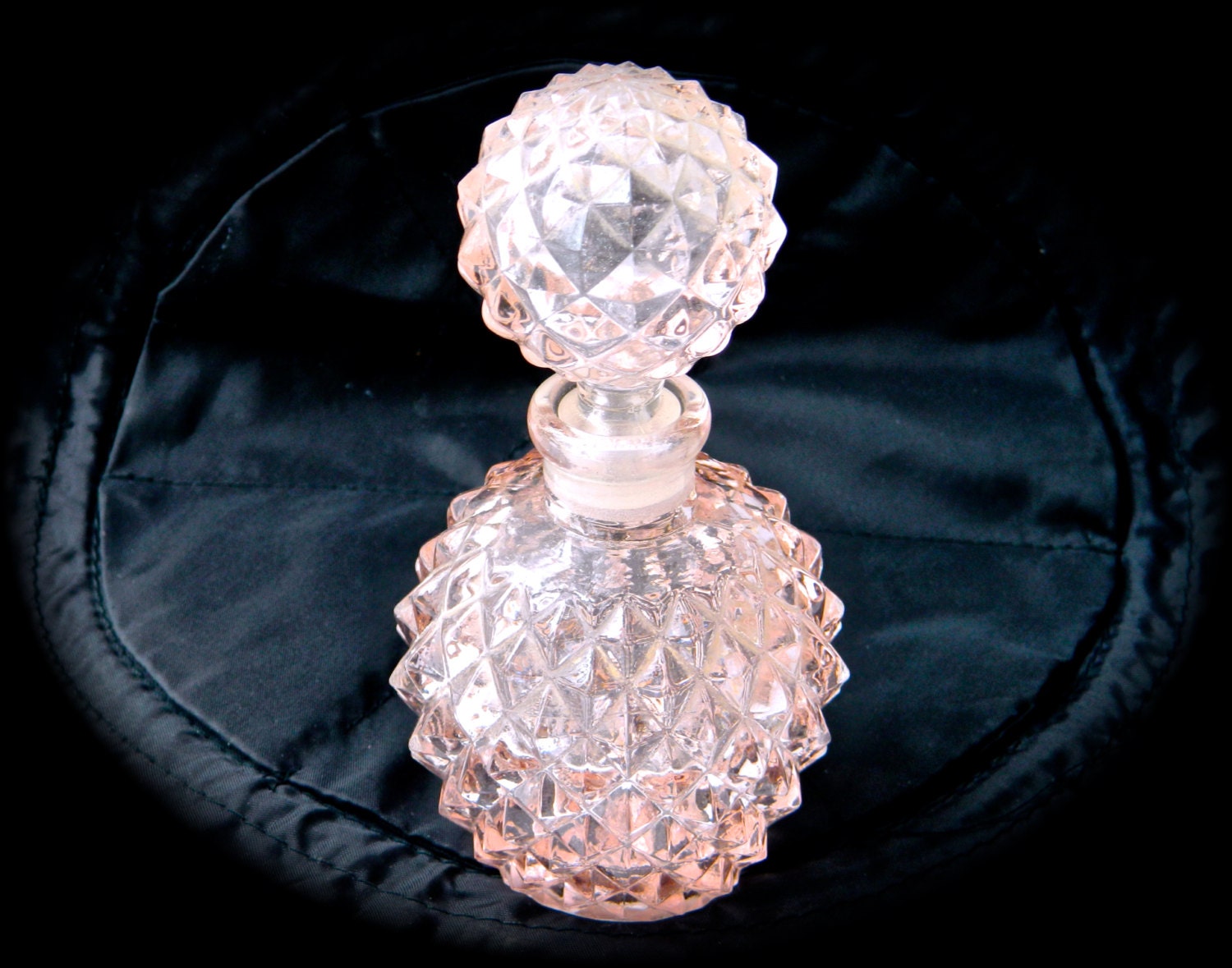 Vanity Perfume Bottle Pink Diamond Pattern Pressed Glass by ODONA