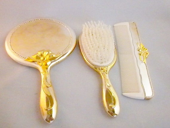 Gold Vanity Set Gold Hair Brush Gold Comb Gold by oldandnew8