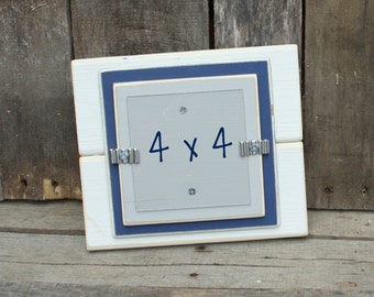 4x4 Picture Frame - Distressed Wood Edges - Double Mats - Holds a 4" x 4" Photo - White, Navy Blue & Light Gray