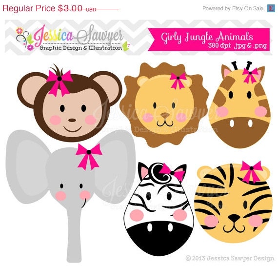 50% OFF- INSTANT DOWNLOAD, girls jungle animal clipart, girly jungle clip art, for baby showers, invitations, annoucements, digital scrapboo Il_570xn