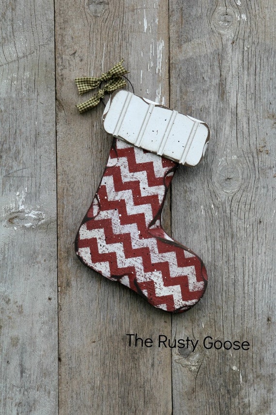 Chevron Stocking, Primitive Holiday Decor, Rustic Holiday Decor, Rustic Christmas, Wood Holiday Decor, Chevron Christmas, Primitive Holiday