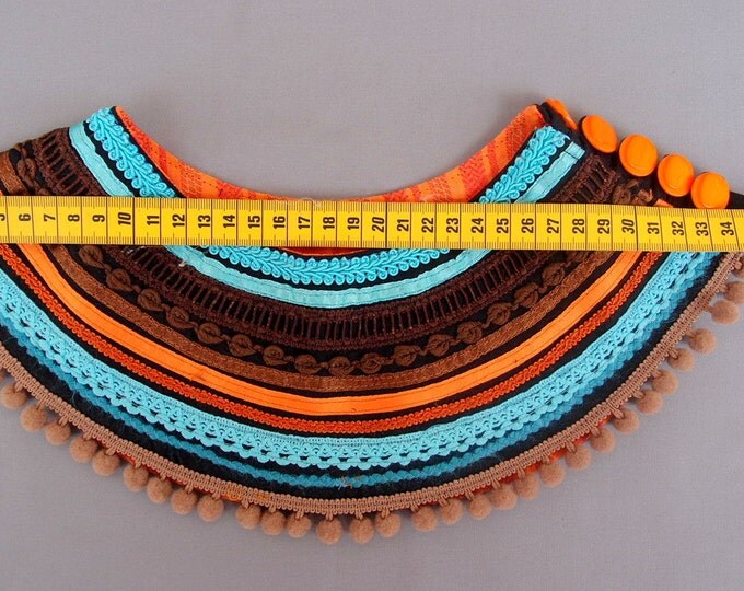 Orange Turquoise Ethnic Necklace Chocolate Orange Textile Collar Handmade Art Textile Jewelry Burning Man Clothing