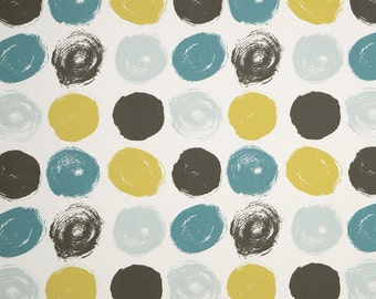 Teal Yellow Grey Geometric Cotton Upholstery Fabric - Modern Teal Curtain Material - Large Polka Dot Fabric - Teal Yellow Throw Pillow Cover