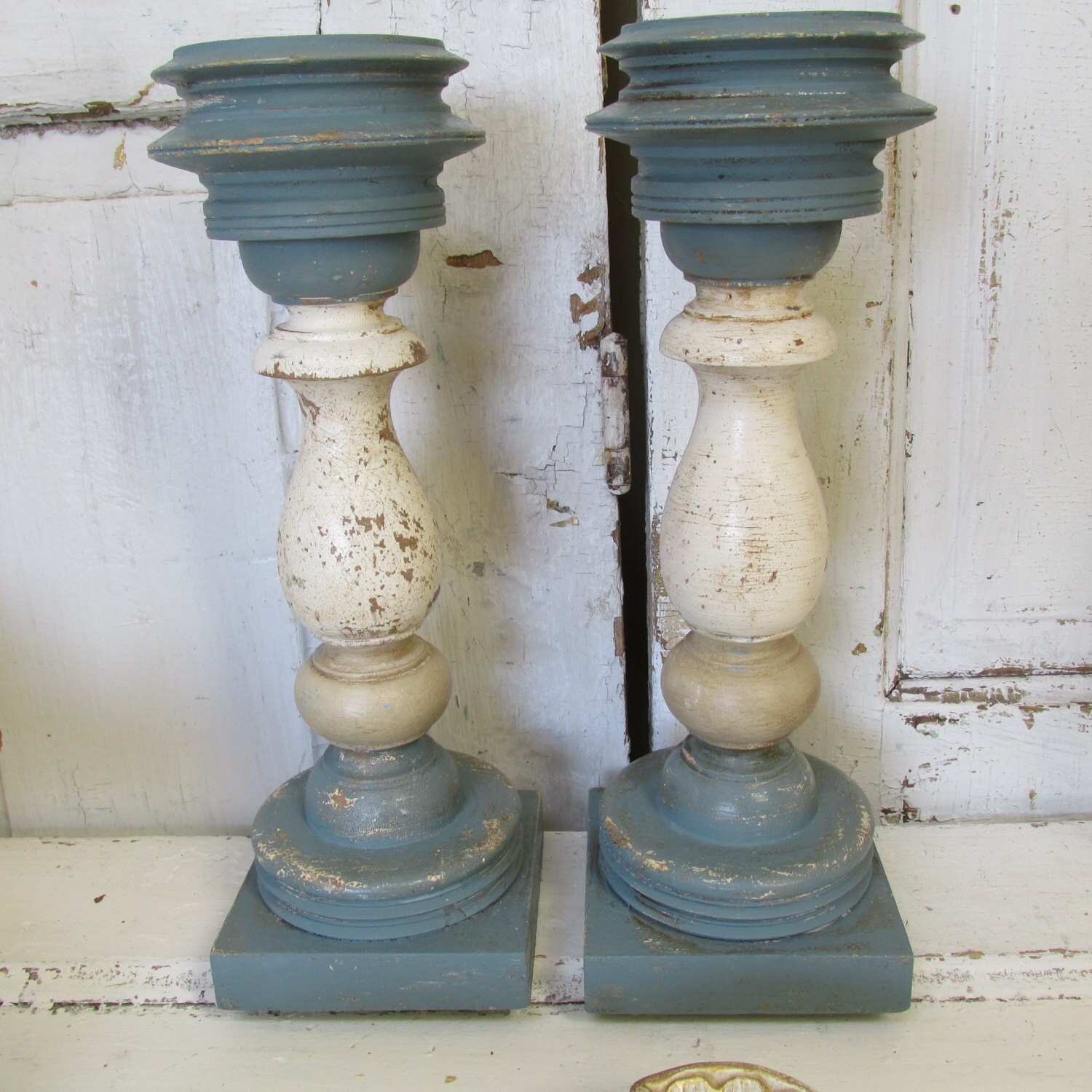 Nautical blue w/ cream candle holders hand painted distressed