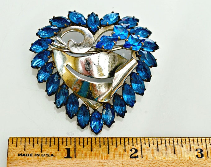 Rhinestone Heart Brooch Blue and silver mid century pin