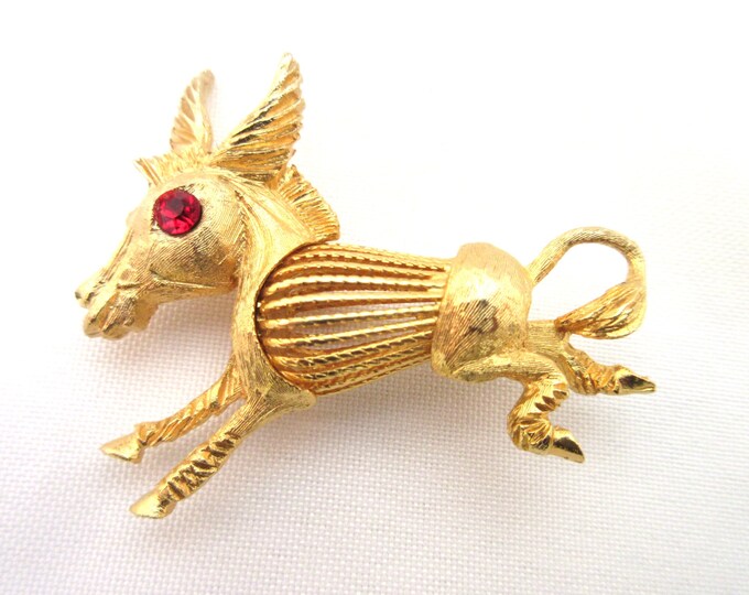 Horse Brooch - gold tone Metal - Red Rhinestone - Donkey pin