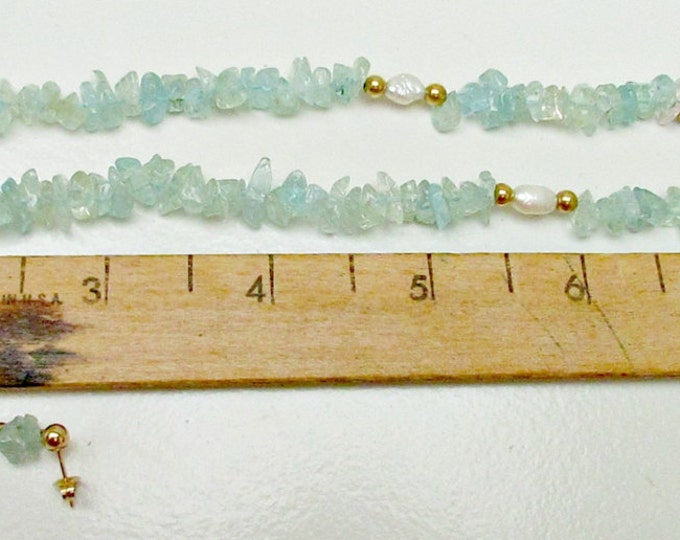 Aquamarine Fresh water Pearl and 14kt gold bead light blue gemstone bead necklace and esrring set