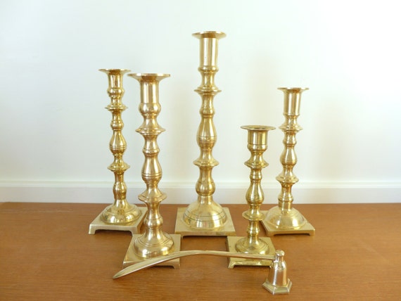 Five Tall Brass Candlesticks With Square By Sweetpotatojack