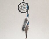 Black dream catcher; Native American art; OOAK Wall Hanging;  Turquoise rock charm; Feather dream catcher