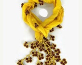 MOTHERS DAY Mustard Yellow  Silk Scarflette  with Turkish  crochet Flower Oya Edges , Womens scarves ,Silk  Foulard,