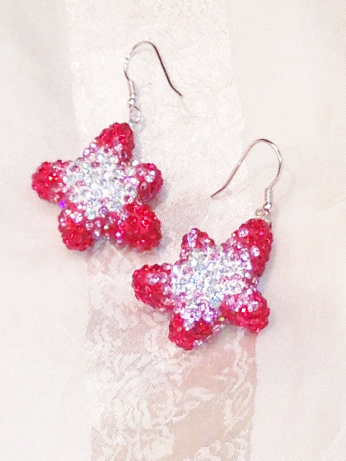 Crystal Star Earrings In Red And White Handmade Jewelry By