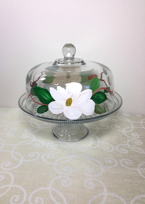 Items similar to Cake Stand Punch Bowl with Hand Painted Dome Magnolia