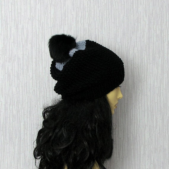 Hat Beanie hat Pom fur  beanie Black pom Fur with Ski Beanie Pom Slouchy Hat Hat womens pom Womens