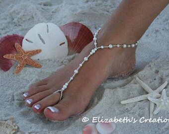Barefoot Sandal - Simply Elegant White Pearls and Silver Beads Destination Wedding, Beach Wedding, Bridal Shoes, Beaded Pearl Sandal