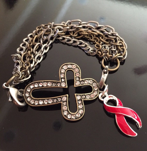 cross Awareness charm Charm Bracelet  Ribbon  HIV   Red  red Sideways  Aids Cross