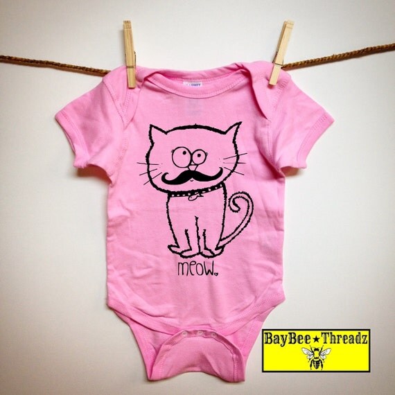 Baby Clothes. Meow Mustache Kitty. original Kitty by BayBeeThreadz