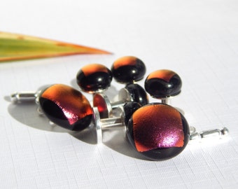Tuxedo Stud and Cufflink Set - 925 Sterling Silver Formal Shirt Stud and Cuff Link Set - Plum Dichroic Fused Glass Cufflinks and Shirt Stud