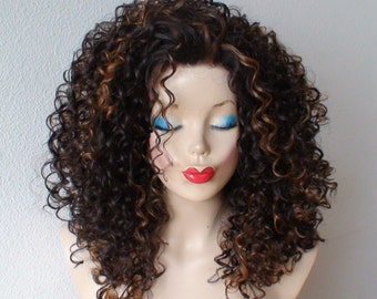 Lace front wig. Brown hair with auburn highlight deep curly Lace front Heat resistant synthetic wig.