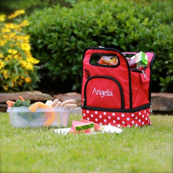 Monogrammed Large Red Lunch BoxBagToteCooler with 2