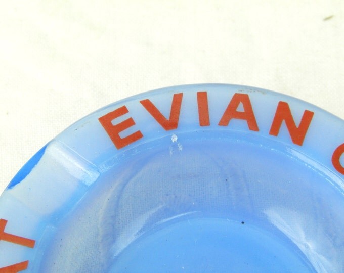 Vintage French Opaque Blue Glass Bistro Publicity Evian Drinking Water Ashtray, Mid Century, French Design, Retro Vintage Home Interior,