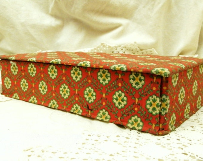 Vintage Red Fabric Covered French Provencal Wooden Box from France, French Country Decor, Retro Cloth and Wood Sewing Storage Container