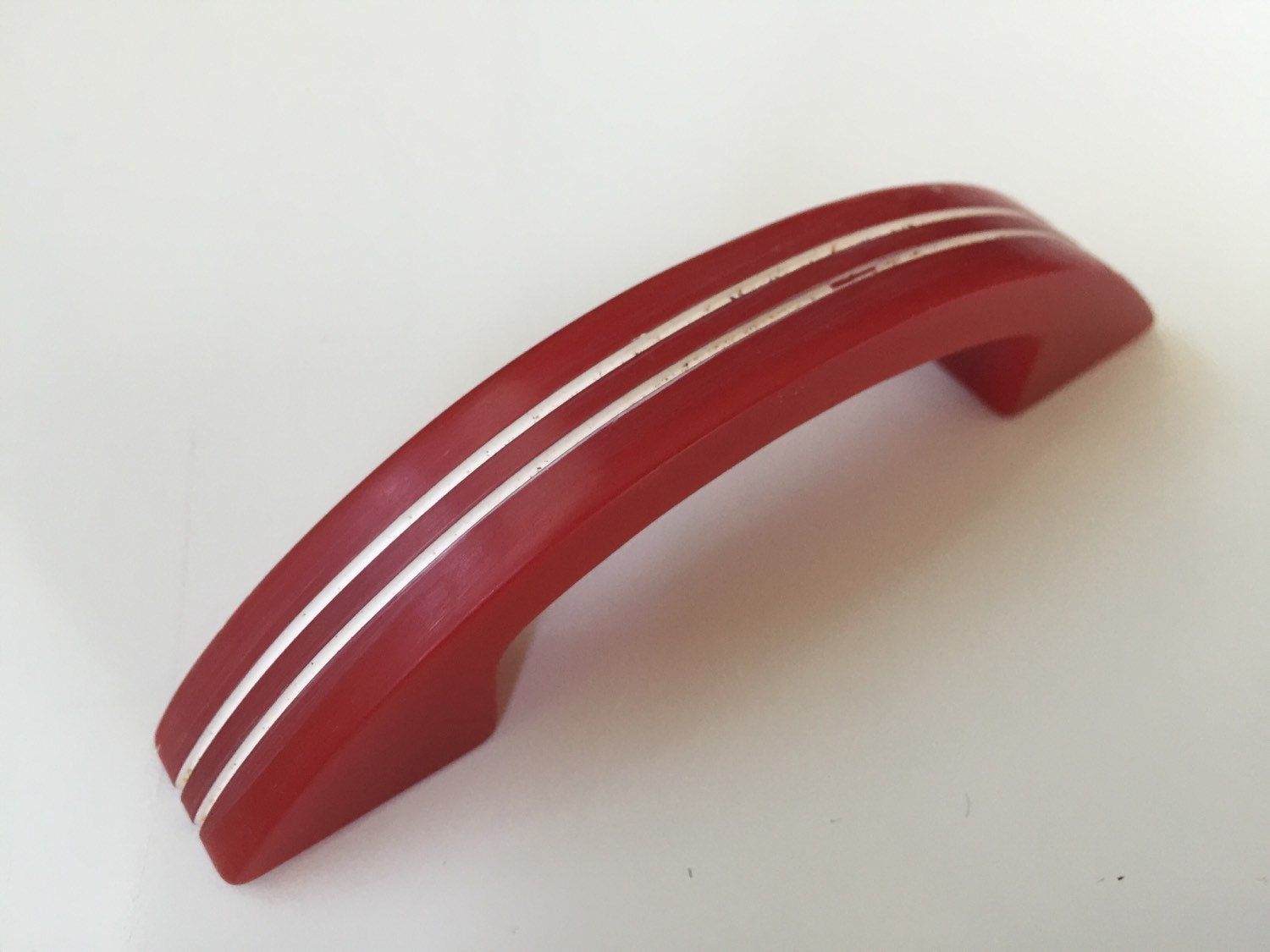 Vintage RED Art Deco Bakelite Cabinet Pulls with White Stripe