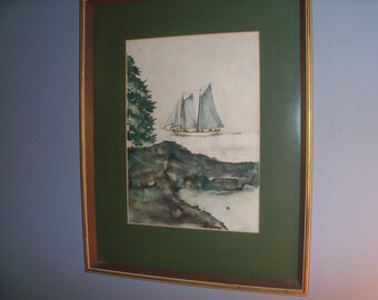 Wonderful Large Framed Original Painting Sailboat Maine Green
