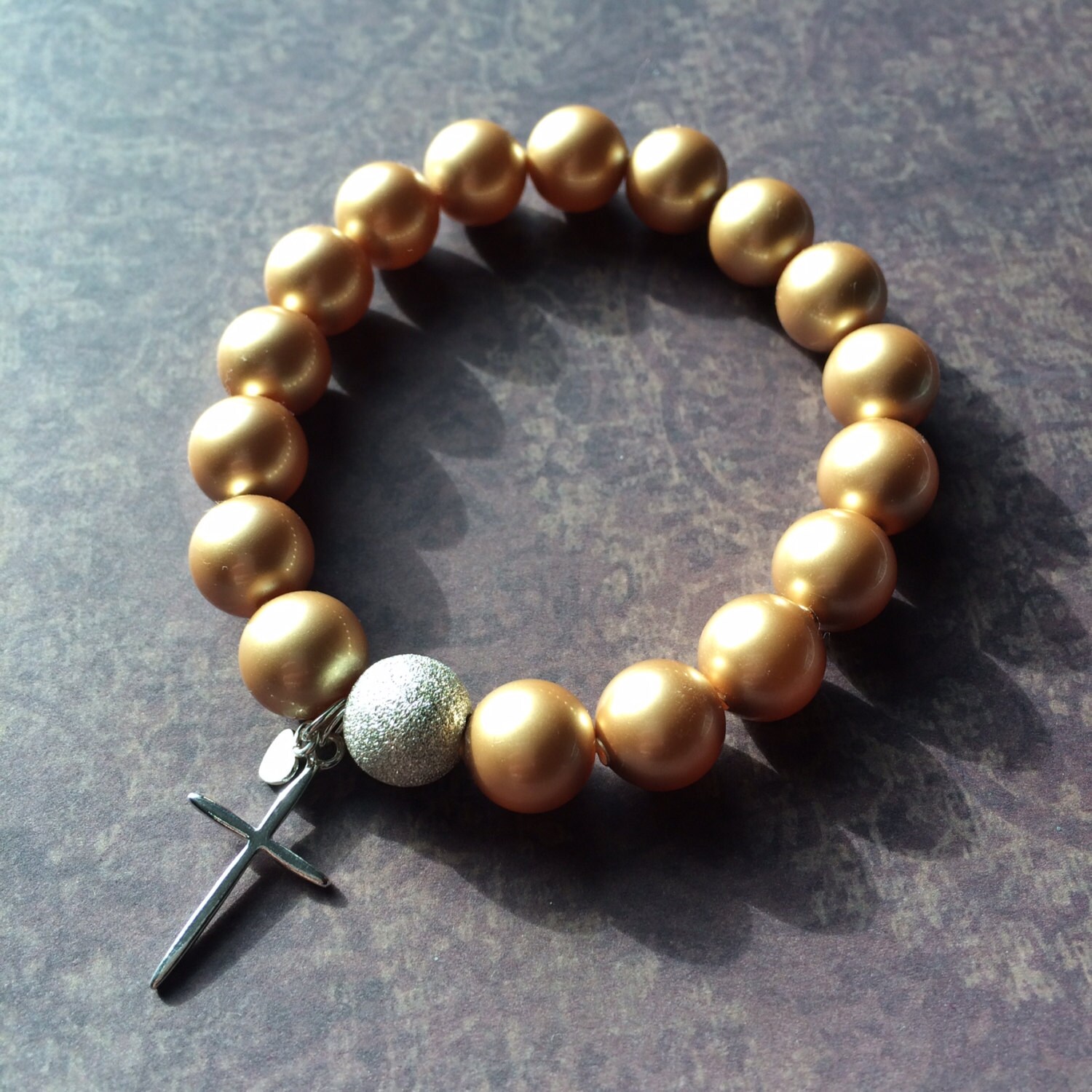 Chunky Gold Beaded Stretch Cross Bracelet w Sterling Silver