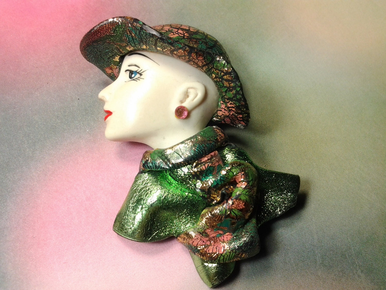 vintage lady face brooch pin costume jewelry