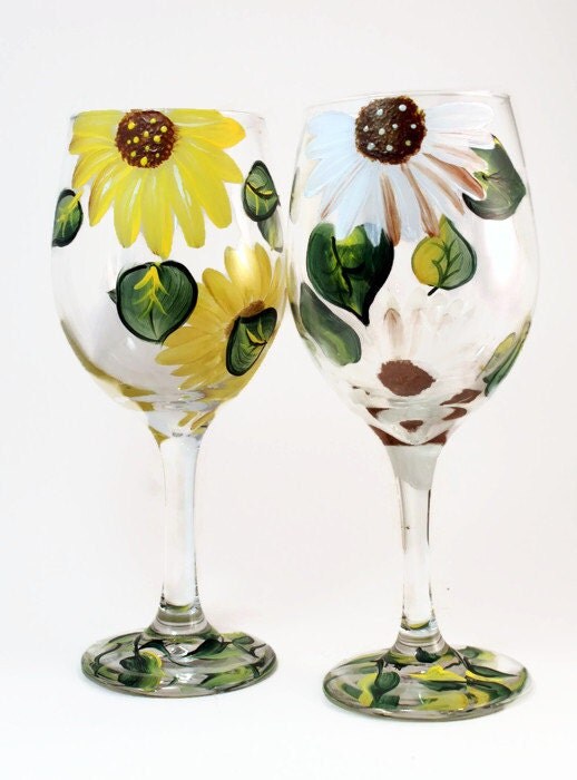 White and Yellow Daisies Hand Painted Wine by Brusheswithaview