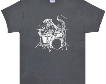 Octopus Playing Drums T Shirt.Men's Gildan Ultra Cotton Adult Tee.Octopus Shirt.Octopus Tee.Octopus Tshirt.Drum Shirt.Drummer Shirt.Drums