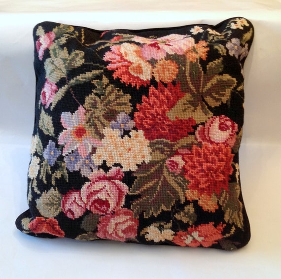 Black Needlepoint Sofa Pillow All Over Floral Design With