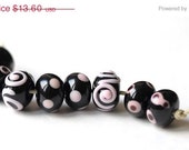 SPRING SALE Handmade Glass Lampwork Beads - Black Pink Dotted