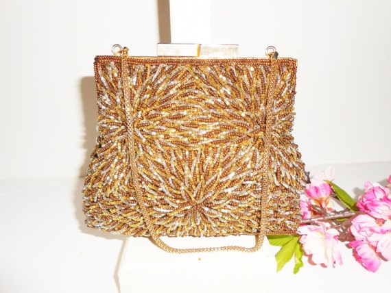 Beaded Evening Bag in Bronze, Gold and Taupe Vintage Glamorous Beaded ...