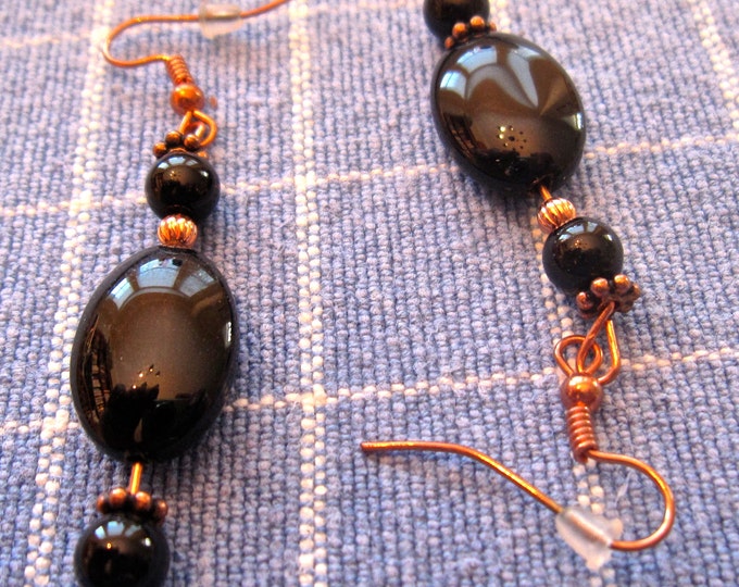 Black Agate Earrings with Pure Cooper, Natural Agate Beads, 2" Long, E200