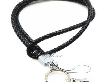 Black Braided Leather Lanyard with Key chain for ID Badge holder