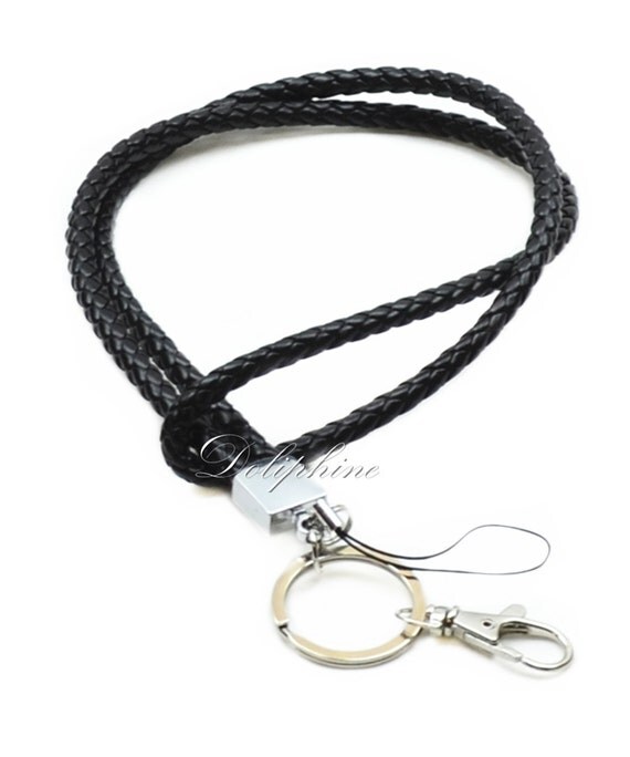 Black Braided Leather Lanyard with Key chain for ID Badge