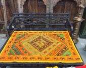 Indian Vintage Tapestry Elephant Embroidered Yellow Sari Patch Wall Hanging