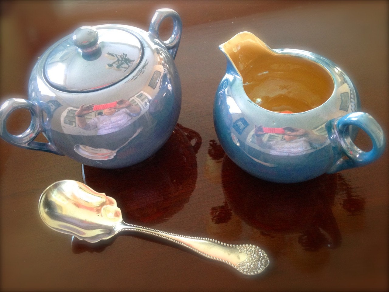 Antique Blue Japanese LUSTERWARE 1930’s Sugar and Creamer Set for