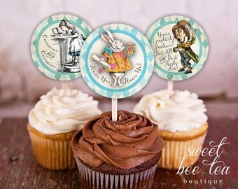 Alice in Wonderland Cupcake Toppers Printable - Birthday Baby Bridal Shower - Tea Party - White Rabbit - Queen of Hearts - Mad Hatter