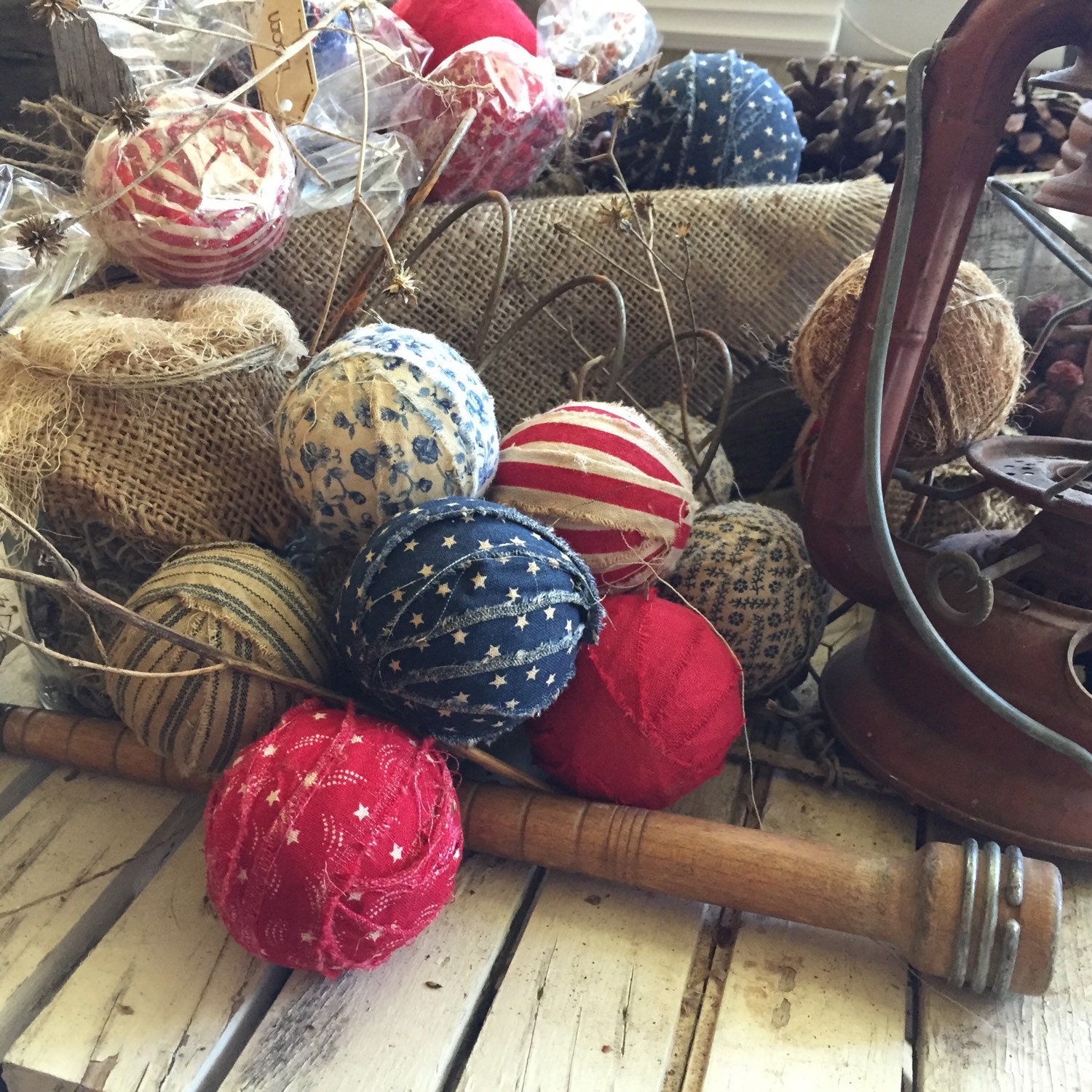 Primitive americana fabric rag balls set of 8 red white blue
