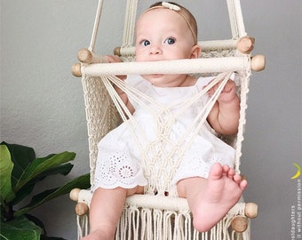 Baby Swing Chair 14" in Macrame. 1 Year Warranty. High Quality. Sustainable native wood bars. FairTrade. → 14 DAYS DELIVERY!
