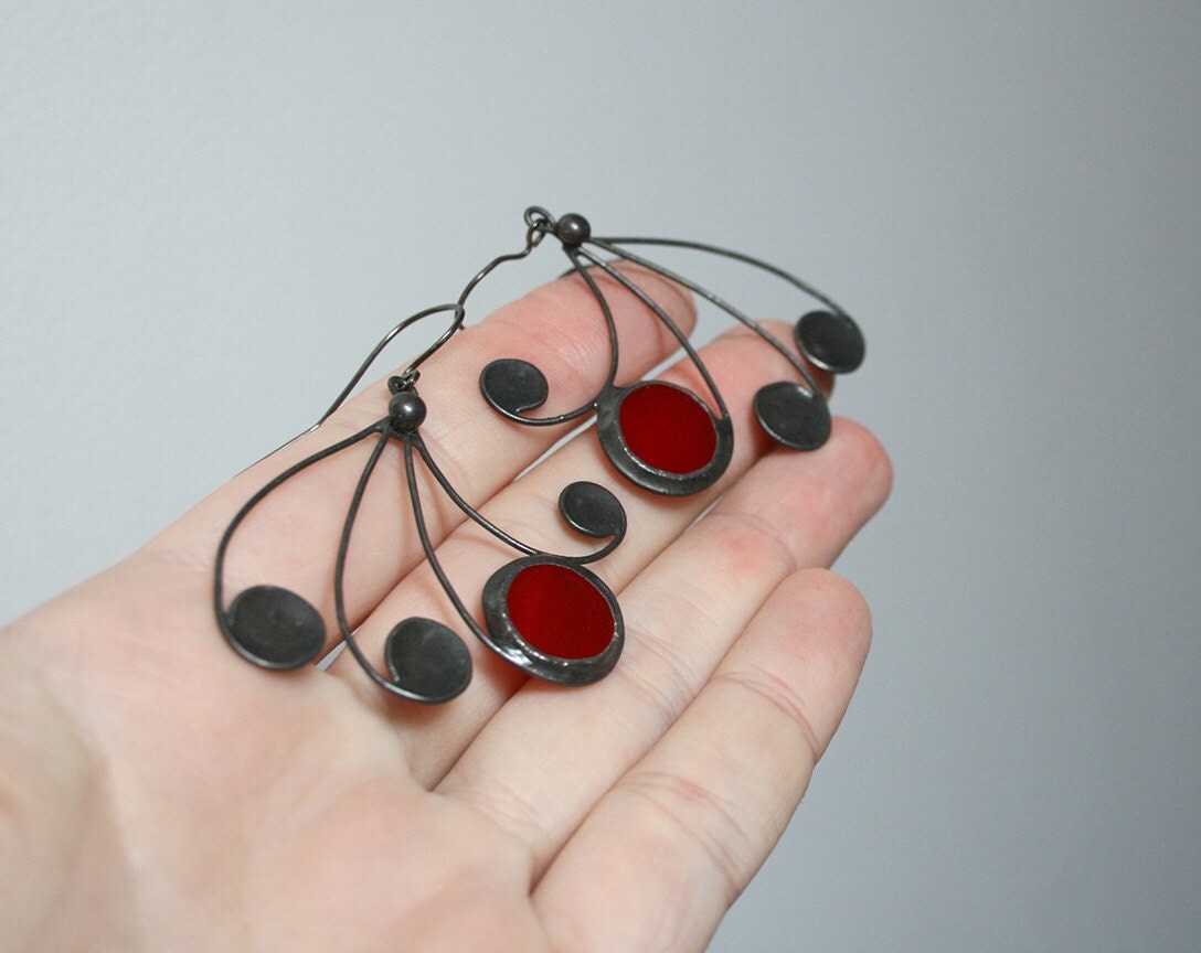 SALE Big earrings Red fan stained glass jewelry by ArtKvarta