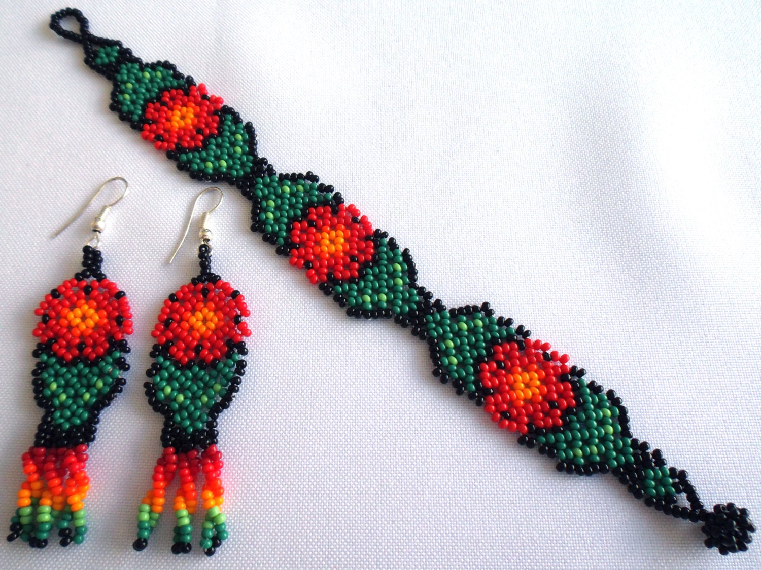 Download Huichol Beaded Flower Bracelet and Earrings set