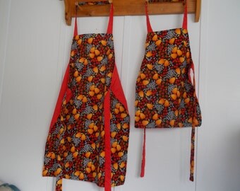 Apron sets, Mommy and me aprons reversible Red with blueberries, strawberries, and oranges