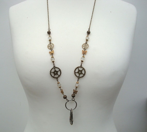 id badge beaded lanyard - steampunk cogs, beads, butterflies, bronze chain - glasses chain holder, key ring steampunk buy now online