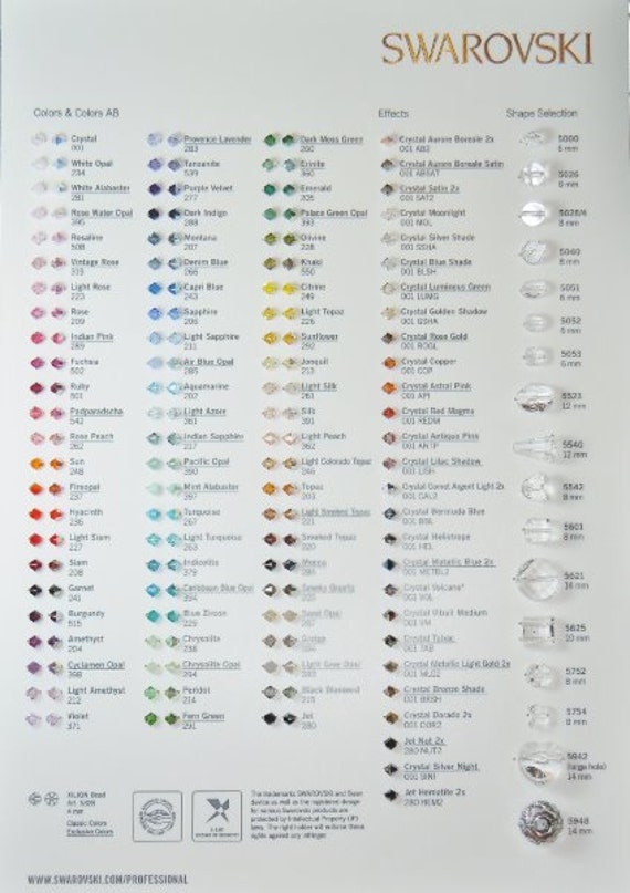 Swarovski Crystal BEAD Color & Shape Chart with Sample Beads Attached